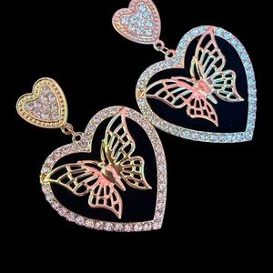 🦋 Crystal Butterfly Heart Drop Earrings | Gold & Rhinestone Statement Jewelry ✨